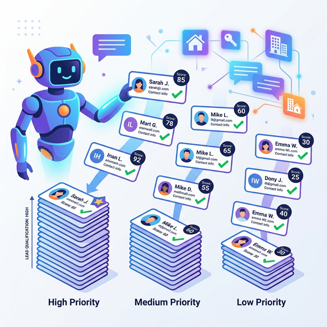 AI chatbot robot automatically assigning priority scores to floating real estate lead cards, sorting them into Hot, Warm, Cold stacks