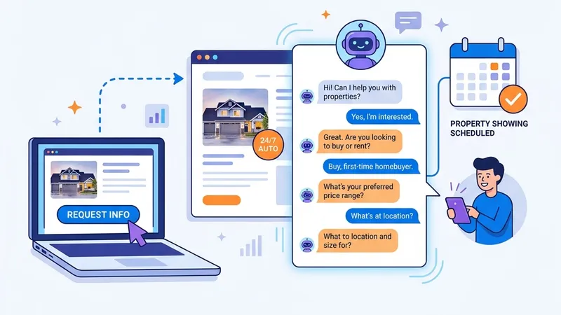2D illustration showing ad click leading to AI chatbot conversation on landing page with lead being qualified and site visit booked