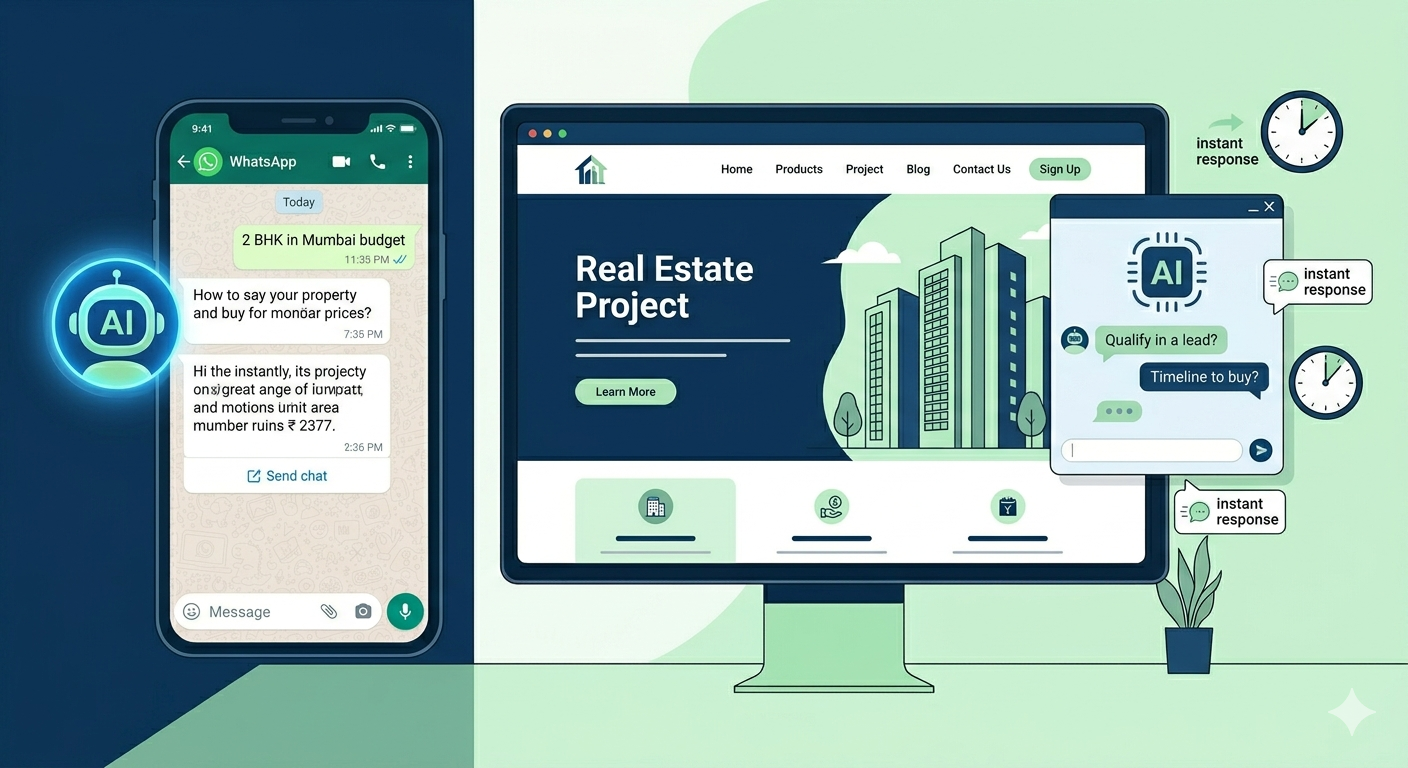 2D illustration of AI chatbot instantly responding to property buyer inquiries on WhatsApp and website