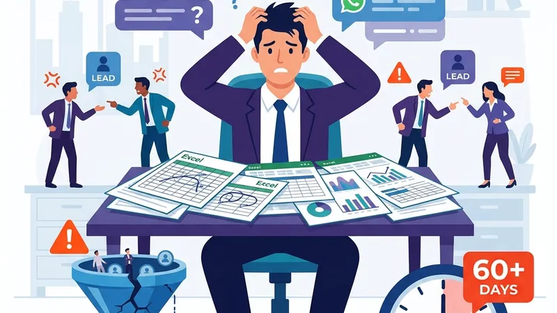 2D illustration of frustrated developer facing broken real estate broker management system with leaking funnel