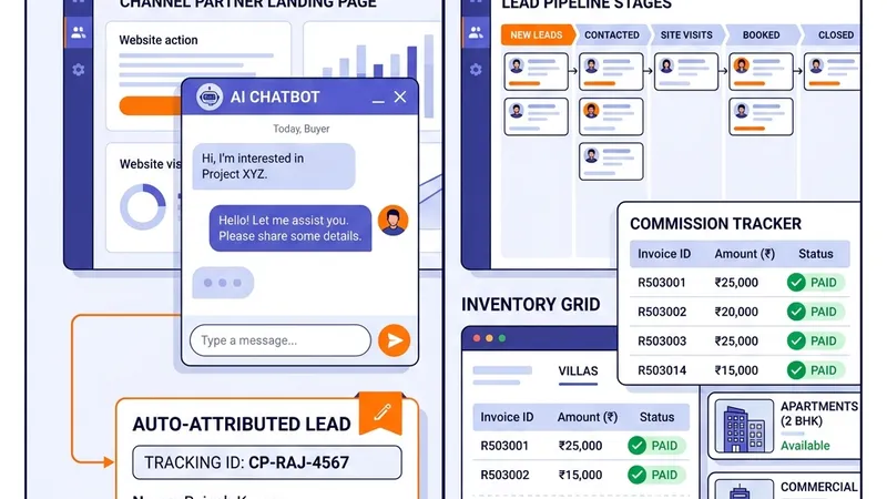 2D illustration of split screen showing CP portal dashboard and AI chatbot tech stack for real estate