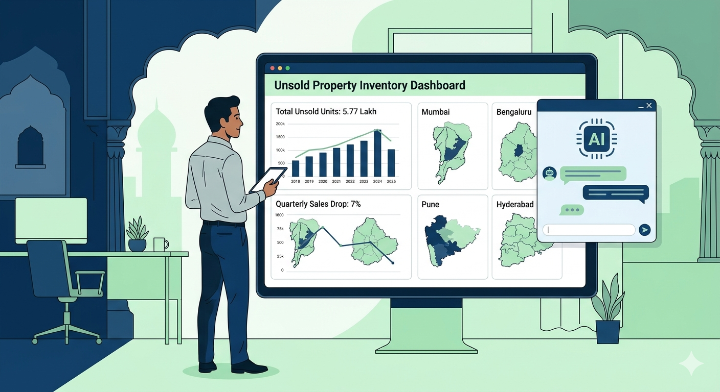 Modern 2D illustration showing Indian real estate developer reviewing unsold property inventory dashboard with AI chatbot interface