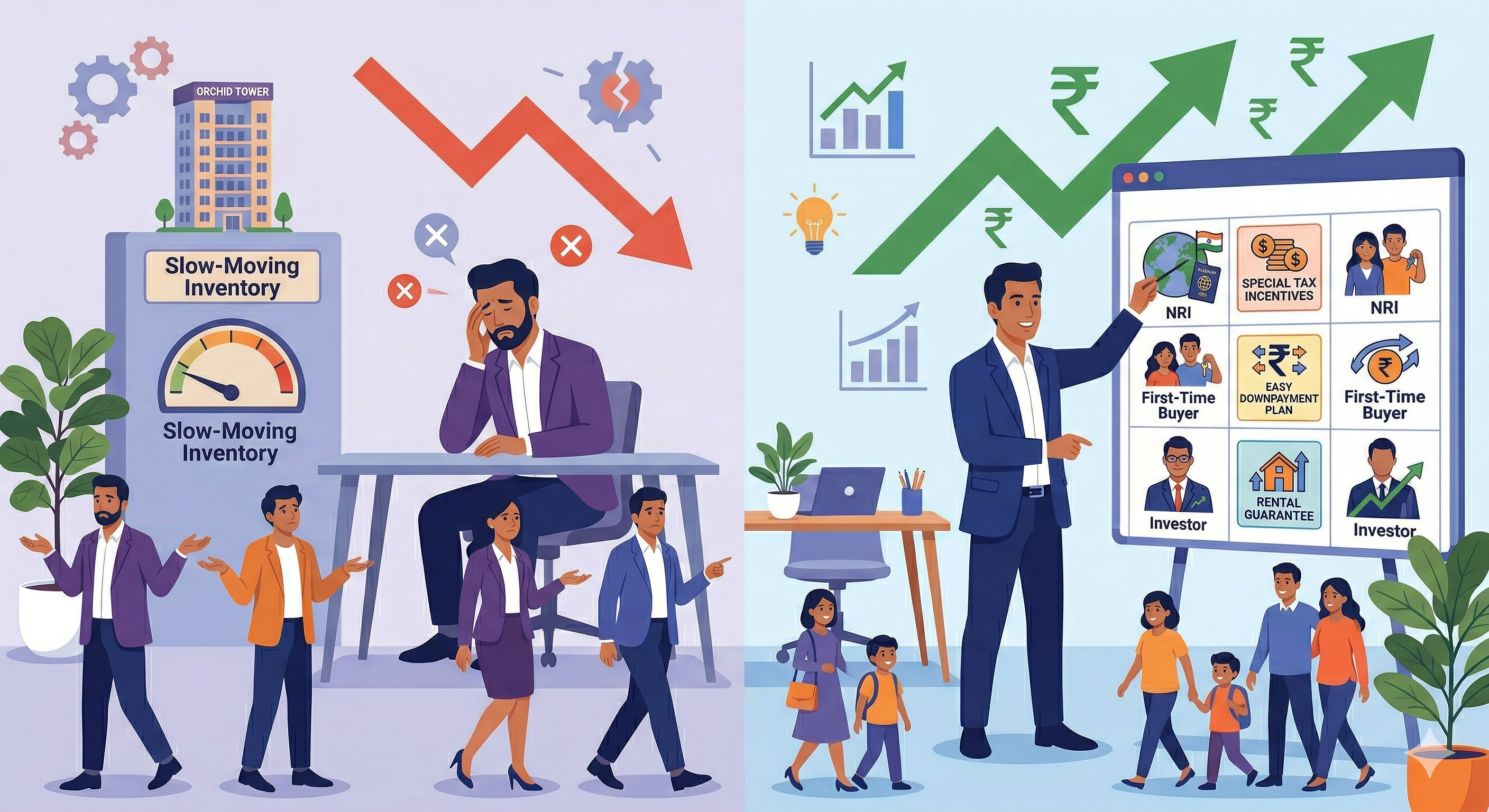 2D illustration showing a developer using wrong offer type for buyer segment causing slow flat sales India