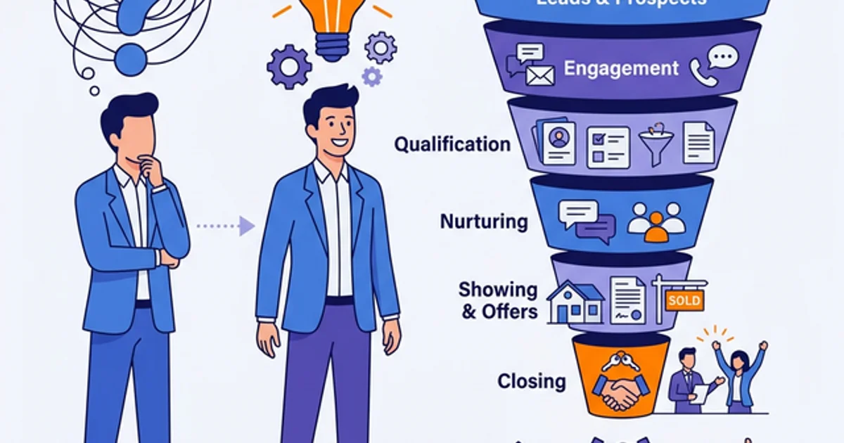 2D illustration of person with question mark turning into lightbulb near marketing funnel