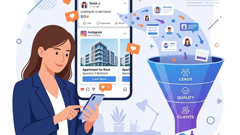 2D illustration showing Facebook and Instagram feed with property carousel ad and leads flowing into qualification funnel