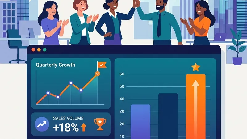 2D illustration showing dashboard with upward trending metrics and bar charts comparing campaign results
