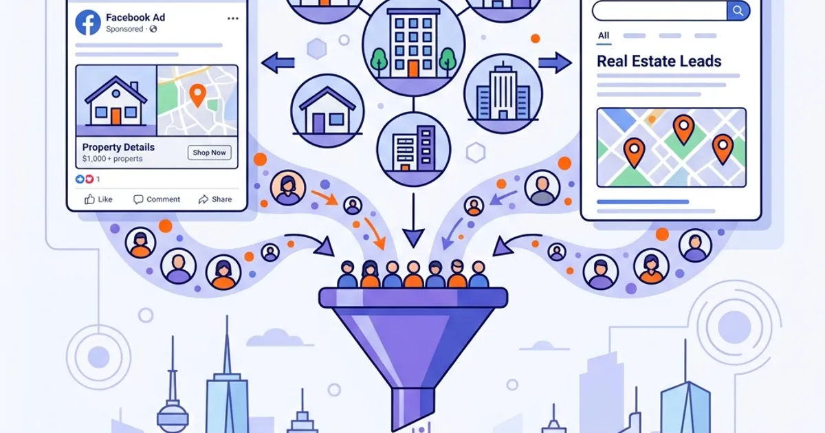 2D comparison illustration showing Facebook and Google Ads platforms side by side with real estate leads flowing into a funnel