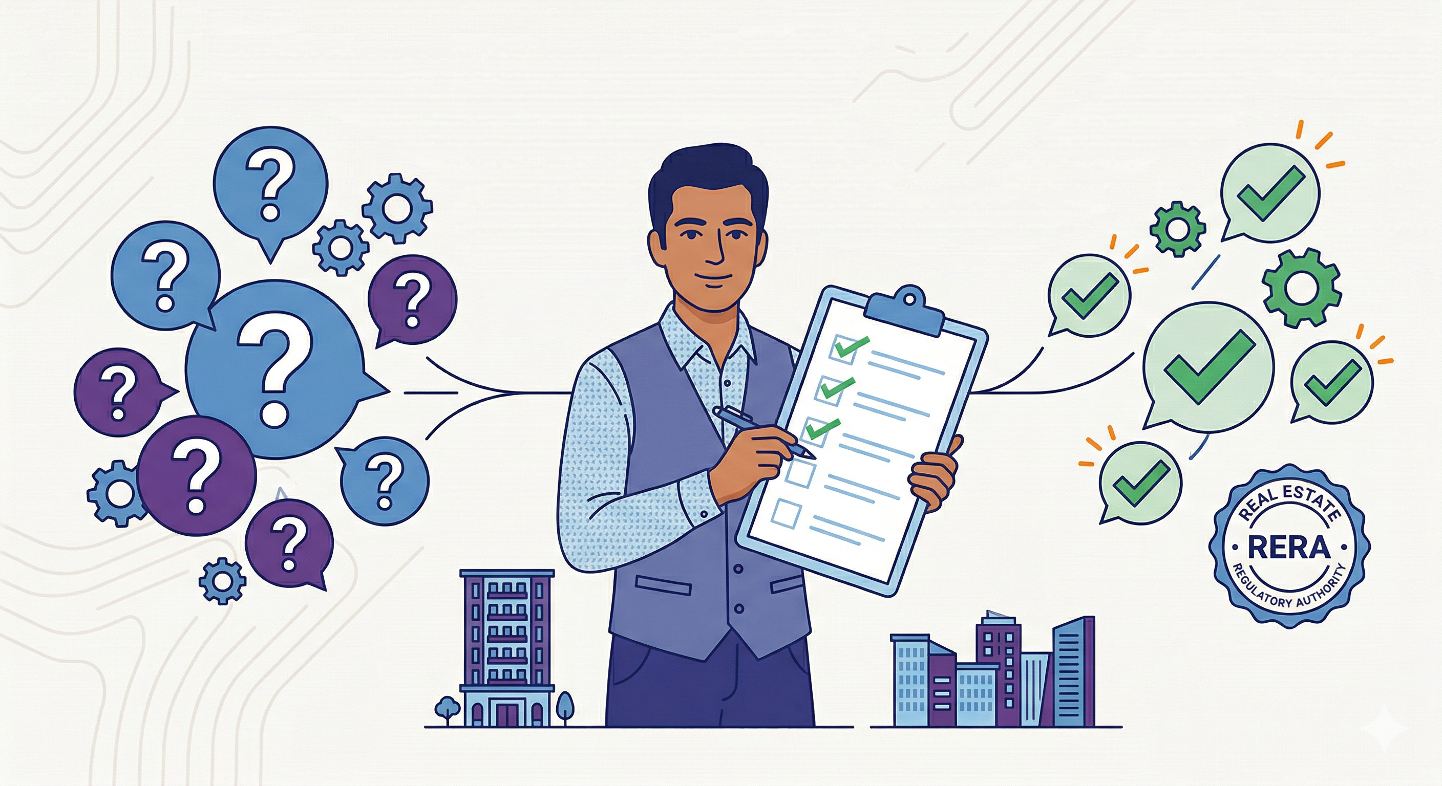 2D illustration of Indian real estate sales team reviewing FAQ answers about flat selling offer types