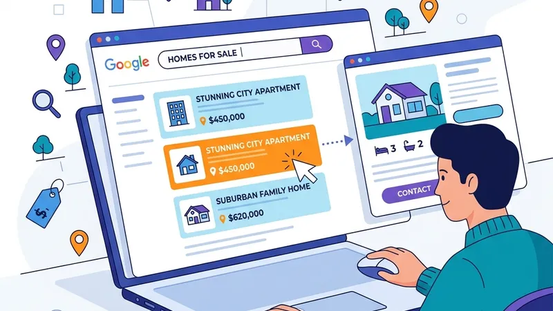 2D illustration showing Google search results page with real estate ads highlighted and buyer clicking through to property landing page