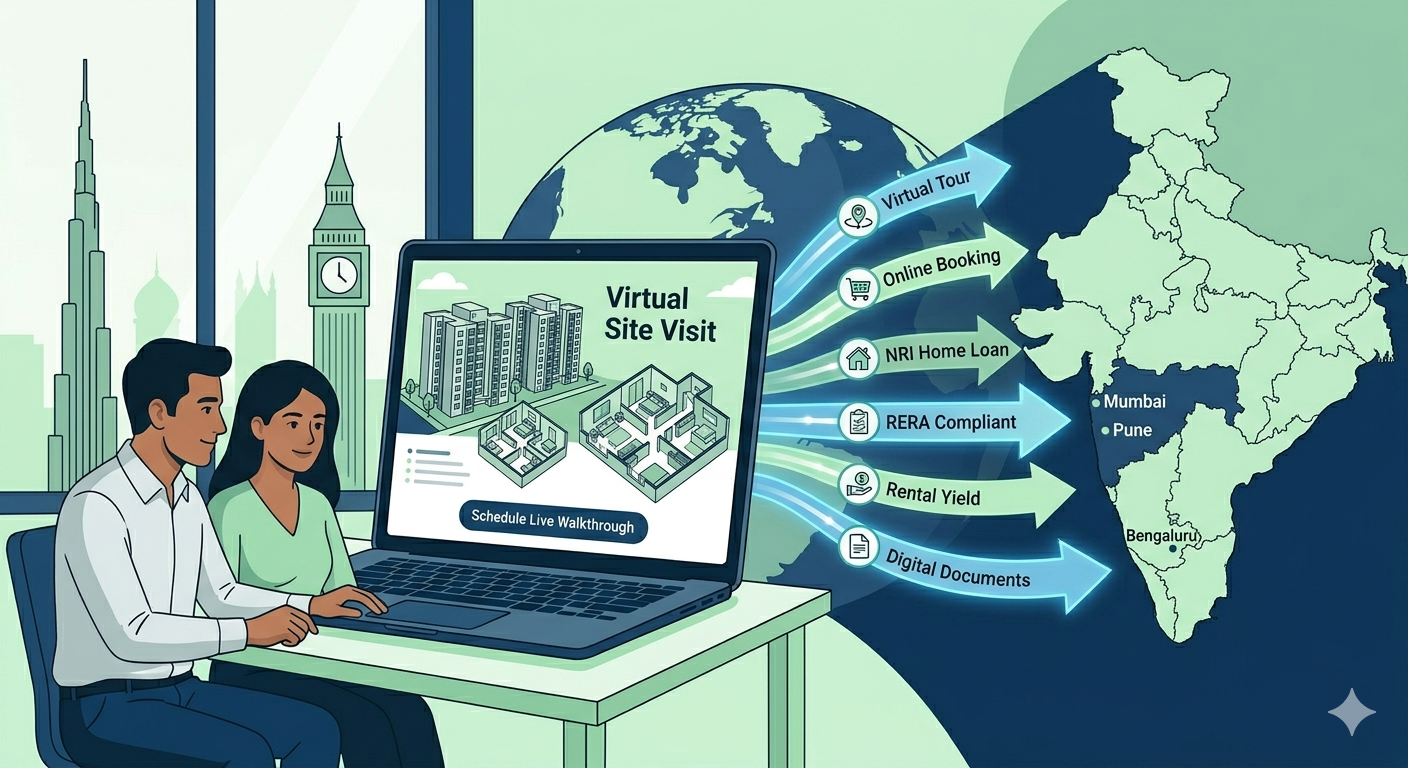2D illustration of NRI buyers connecting with Indian real estate projects through digital channels