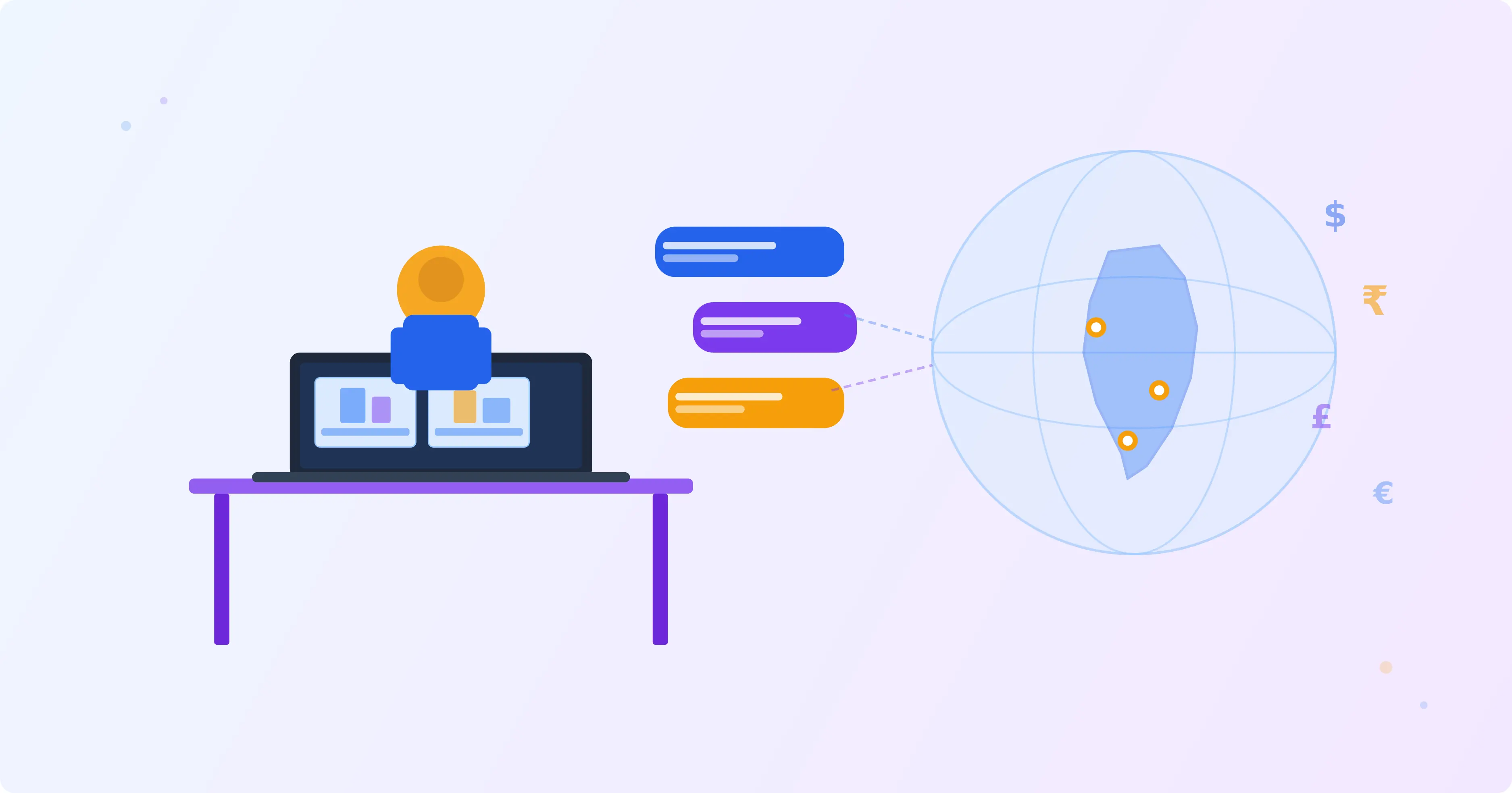 NRI professional browsing Indian property listings remotely on a laptop with globe and chat elements