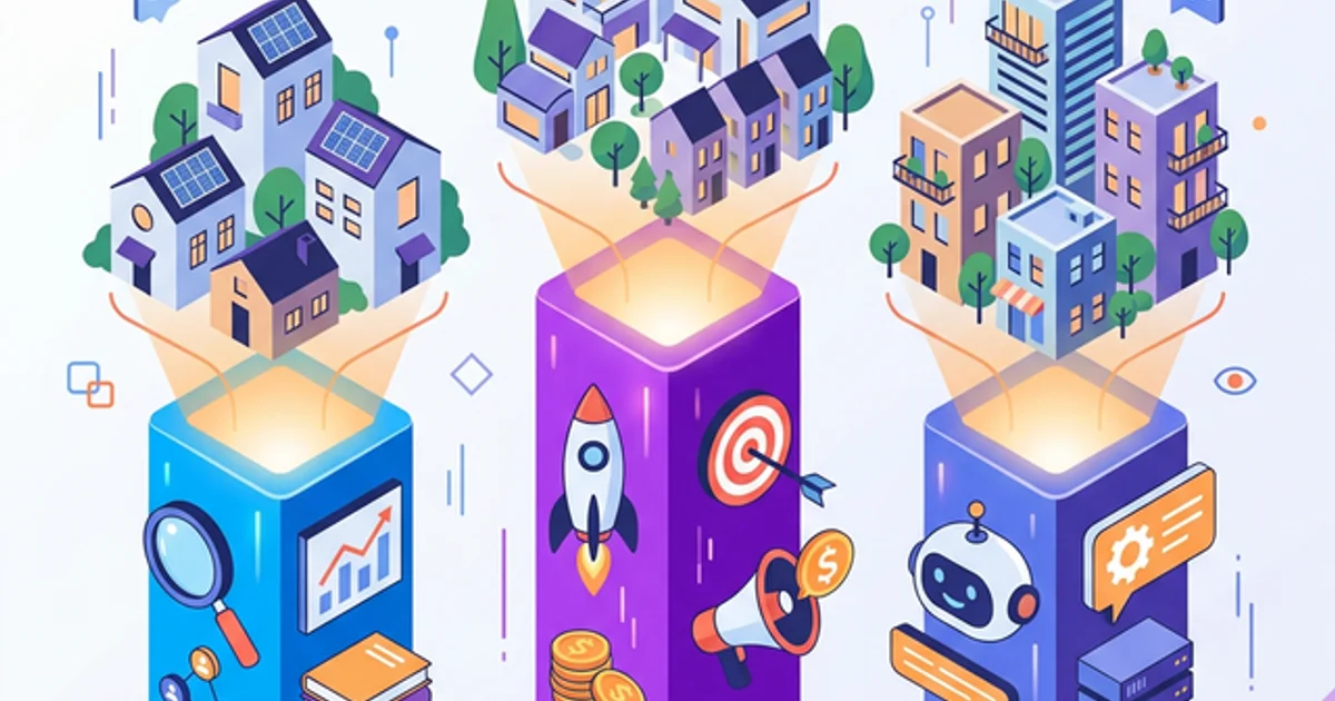 2D illustration of three glowing isometric pillars representing SEO, PPC, and AI chatbot automation