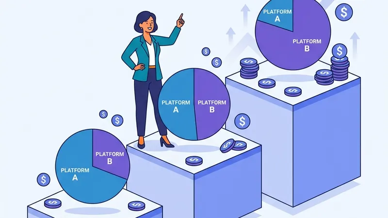 2D illustration showing three budget tiers with pie charts showing Google vs Facebook ad spend allocation for real estate