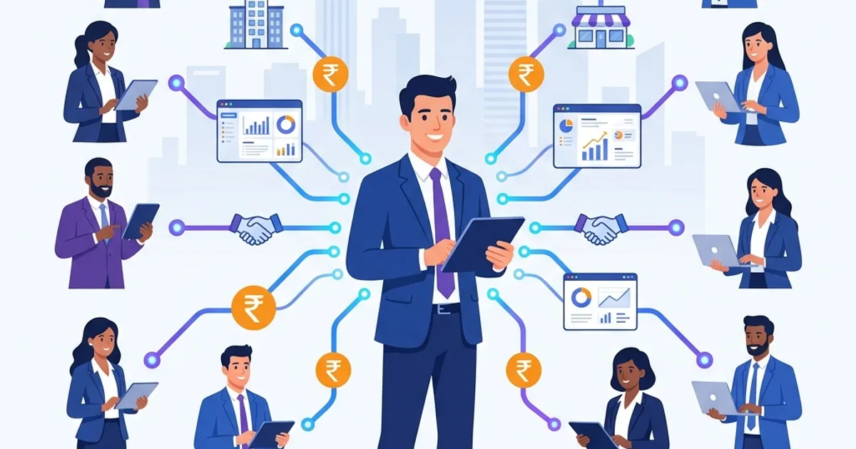 2D illustration of a developer and channel partners connected through a digital network serving as real estate channel partner program overview