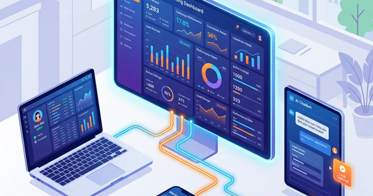 2D illustration of a real estate marketing dashboard with glowing lines capturing leads