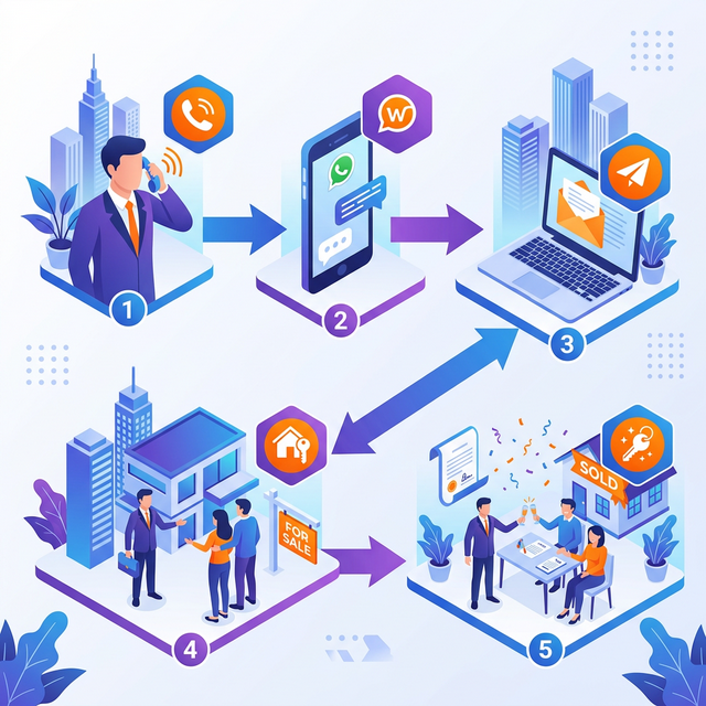 2D illustration of real estate email sequence timeline showing 7 touchpoints over 30 days