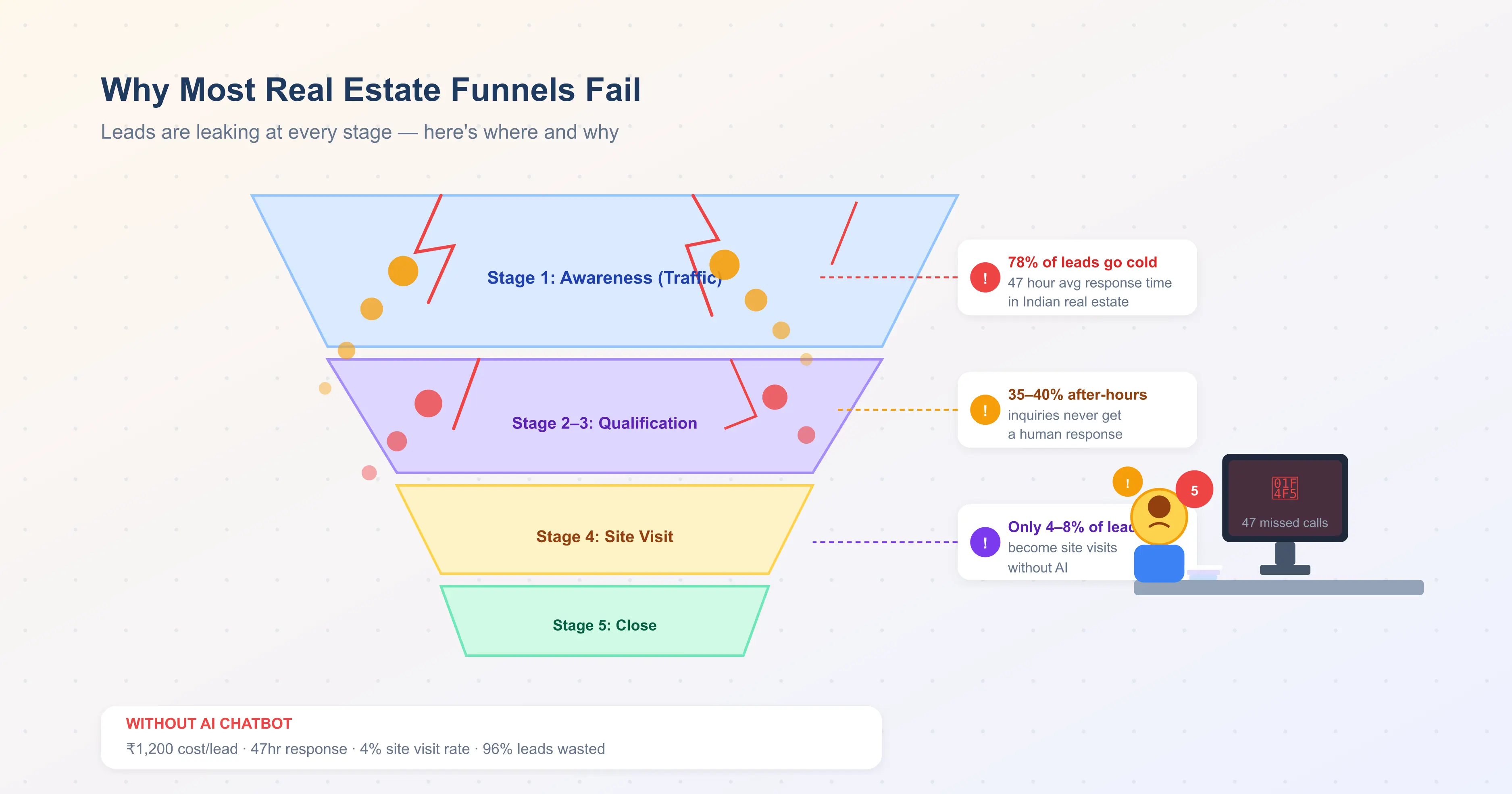 2D illustration of a broken real estate sales funnel with leads falling out at qualification stage