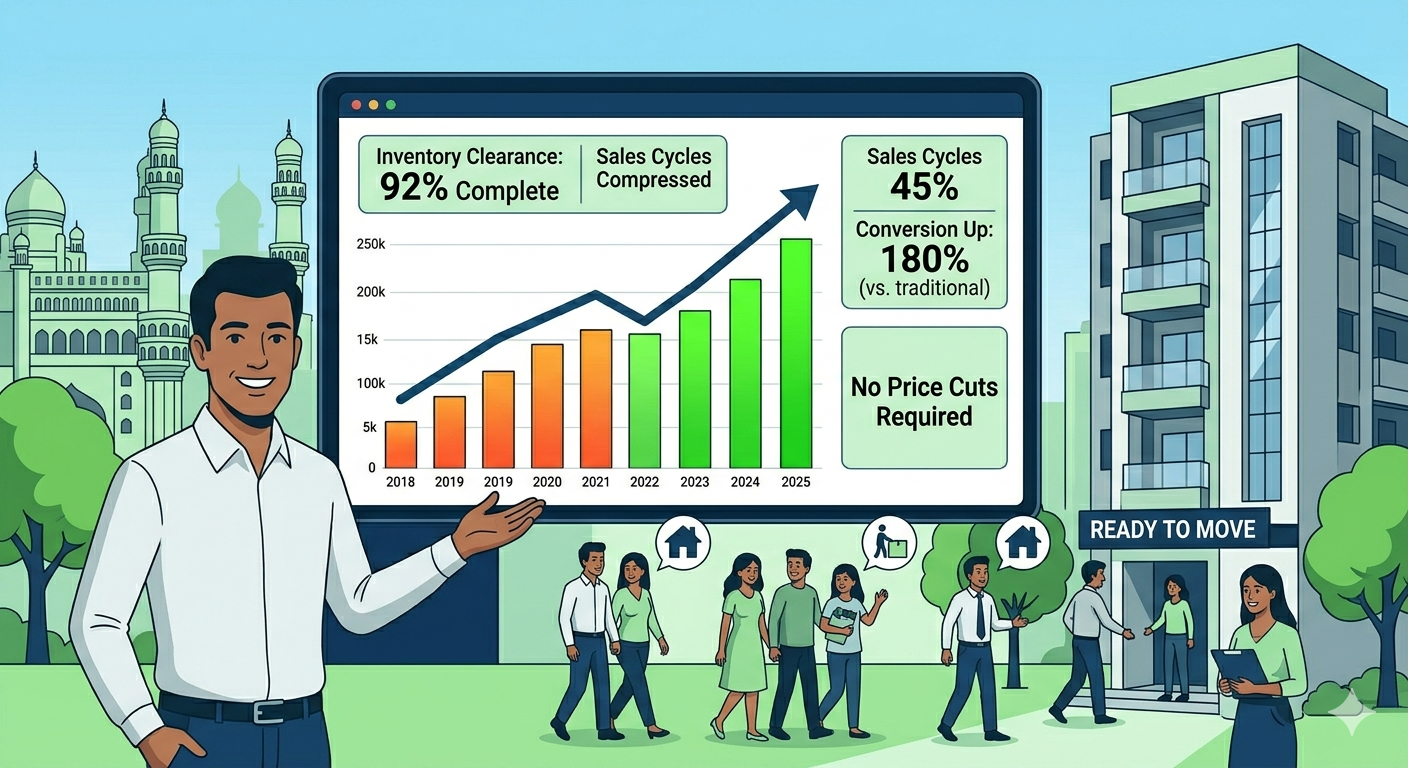 2D illustration showing successful real estate inventory clearance with upward trending metrics and happy developer
