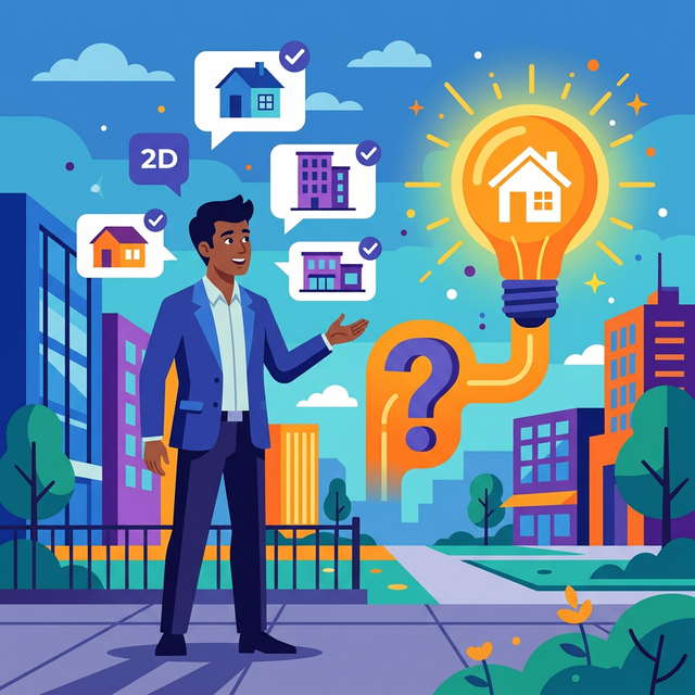 2D illustration of real estate buyer with email questions transforming into booked site visits