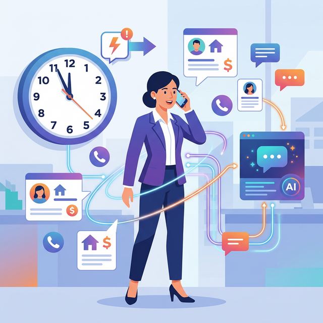 2D illustration of Indian real estate agent sending automated email sequence to property leads on laptop