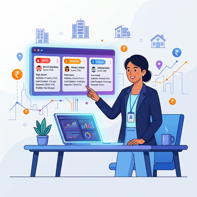 Real estate sales executive viewing a prioritized lead scoring dashboard with Hot, Warm, Cold indicators above a laptop