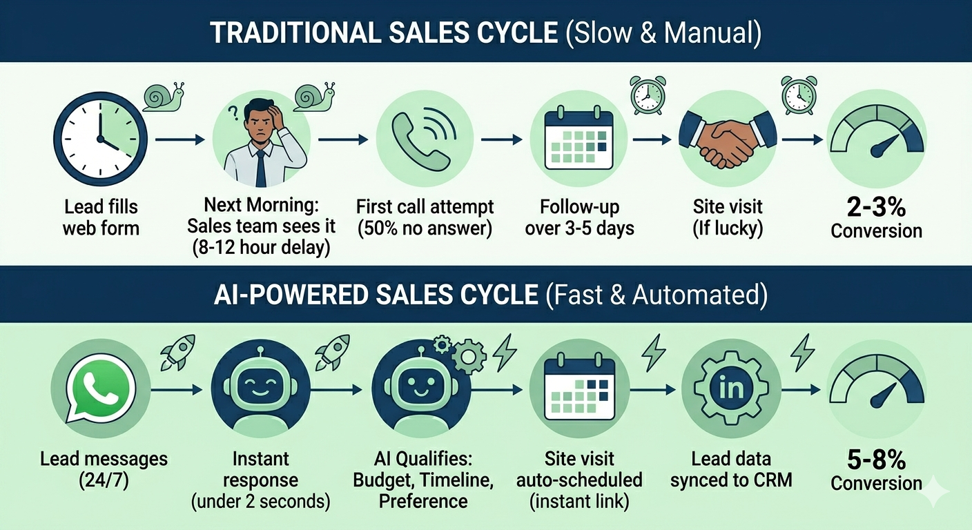 Comparison illustration showing traditional slow sales process versus fast AI-powered real estate sales cycle