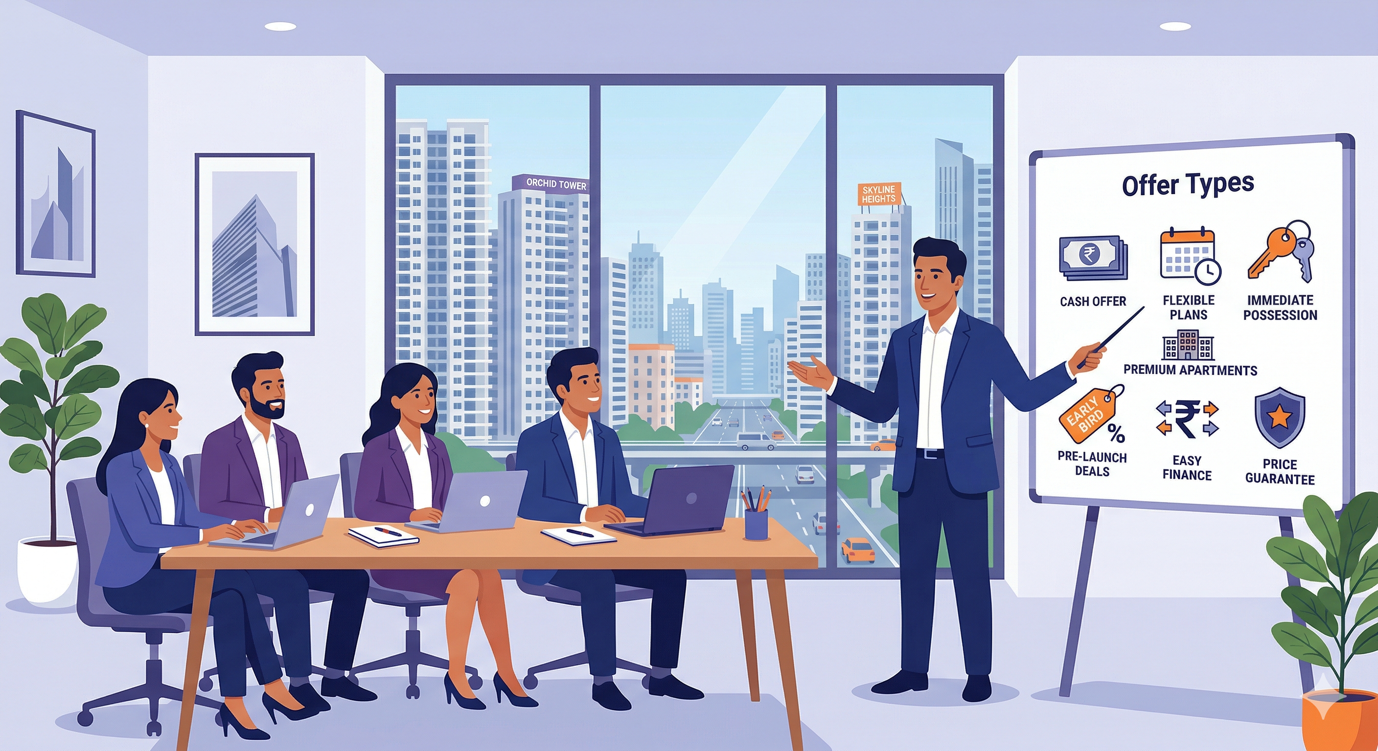 2D illustration of a real estate developer presenting flat selling offer strategies to a sales team in India